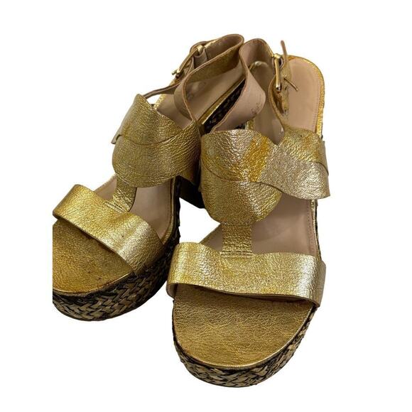 Via Spaga gold leather strappy sandal, 9, woven heel/platform, artsy, bohemian - Picture 2 of 7